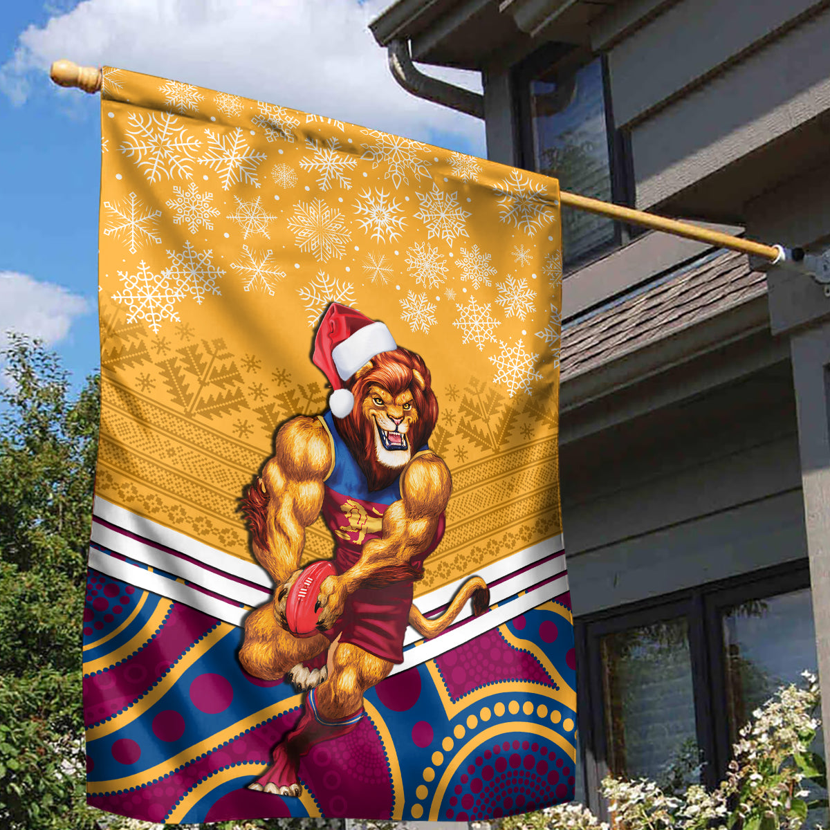 Custom Brisbane Lions Football Christmas Garden Flag Merry Xmas 2023 Mix Aboriginal Art - Vibe Hoodie Shop