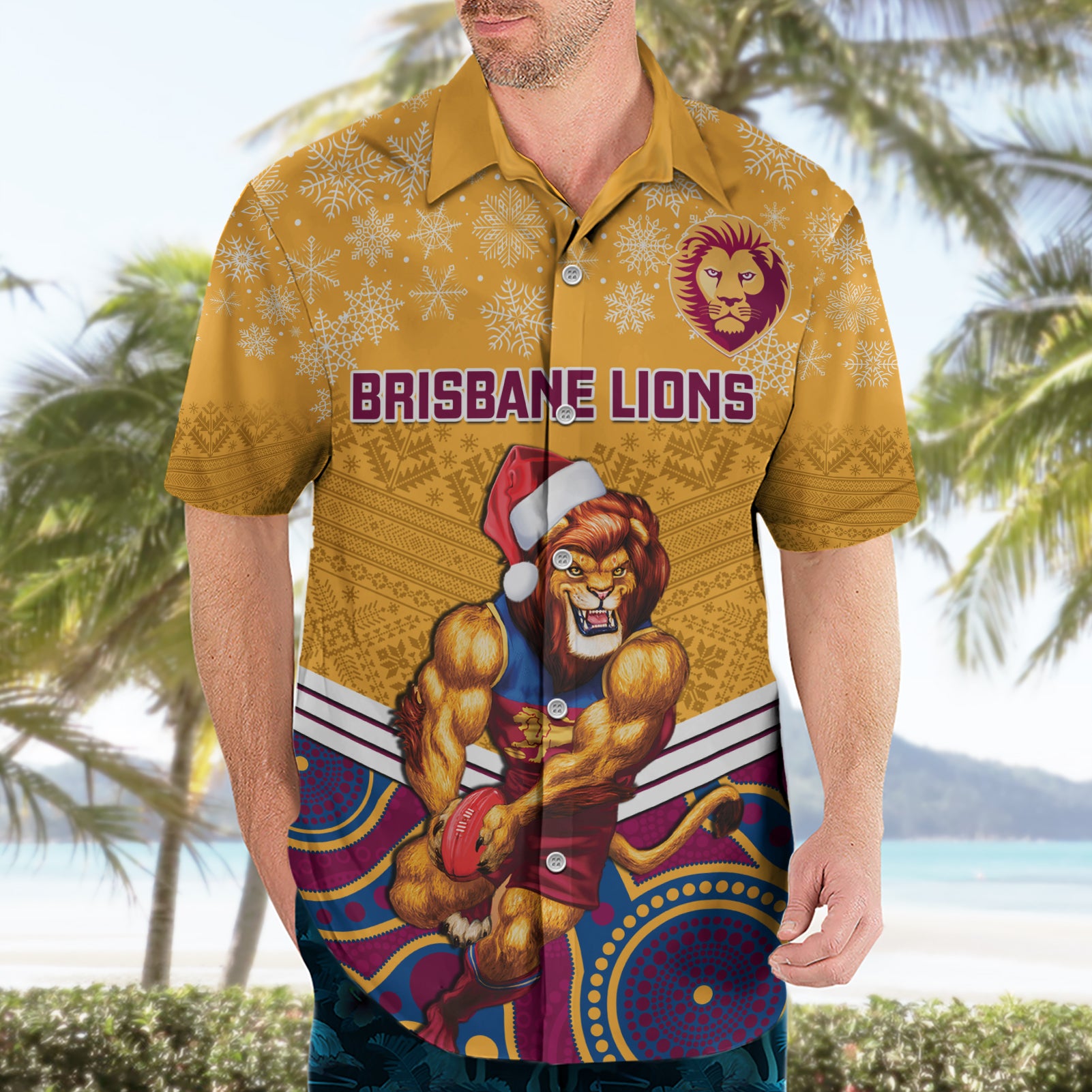 Custom Brisbane Lions Football Christmas Hawaiian Shirt Merry Xmas 2023 Mix Aboriginal Art - Vibe Hoodie Shop