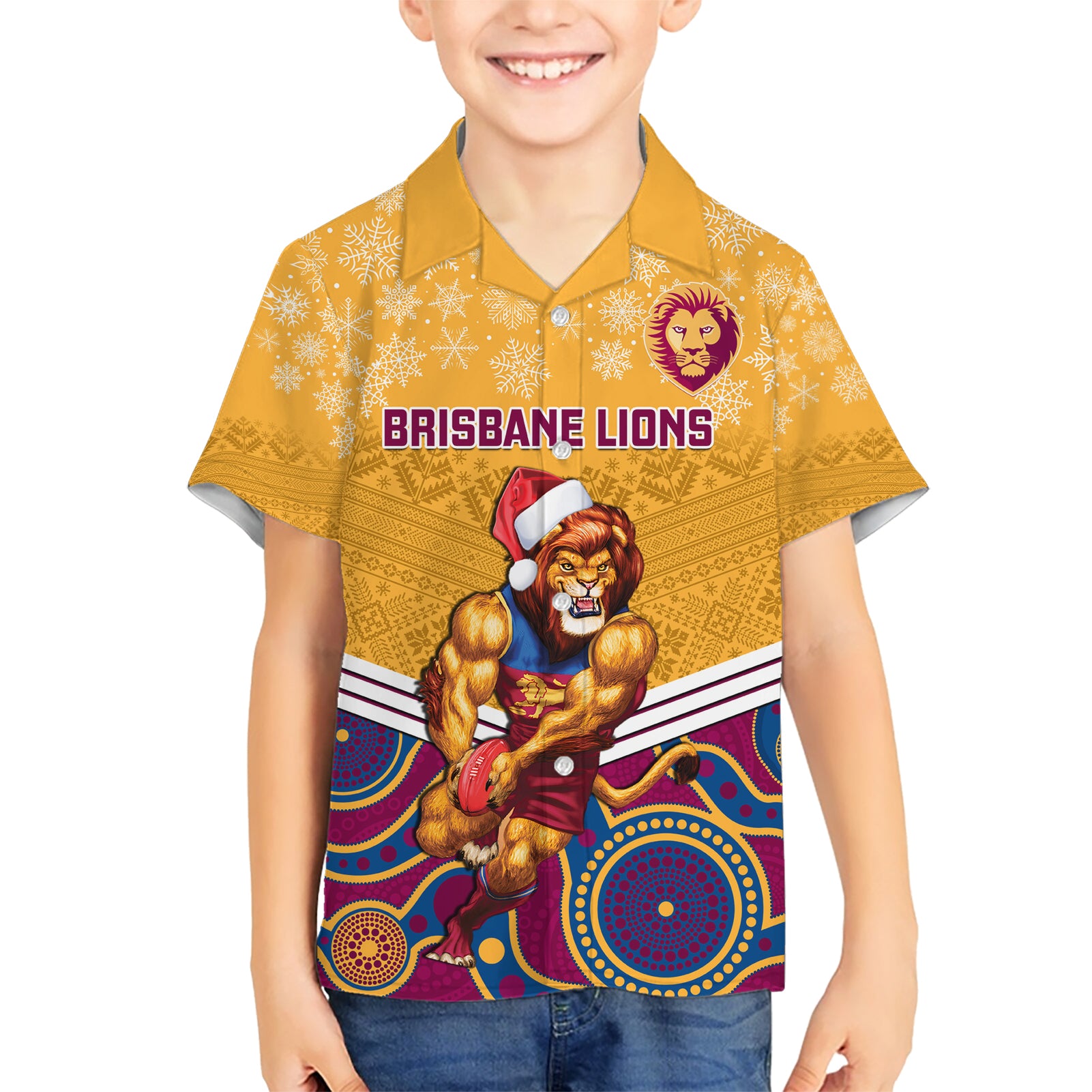Custom Brisbane Lions Football Christmas Hawaiian Shirt Merry Xmas 2023 Mix Aboriginal Art - Vibe Hoodie Shop