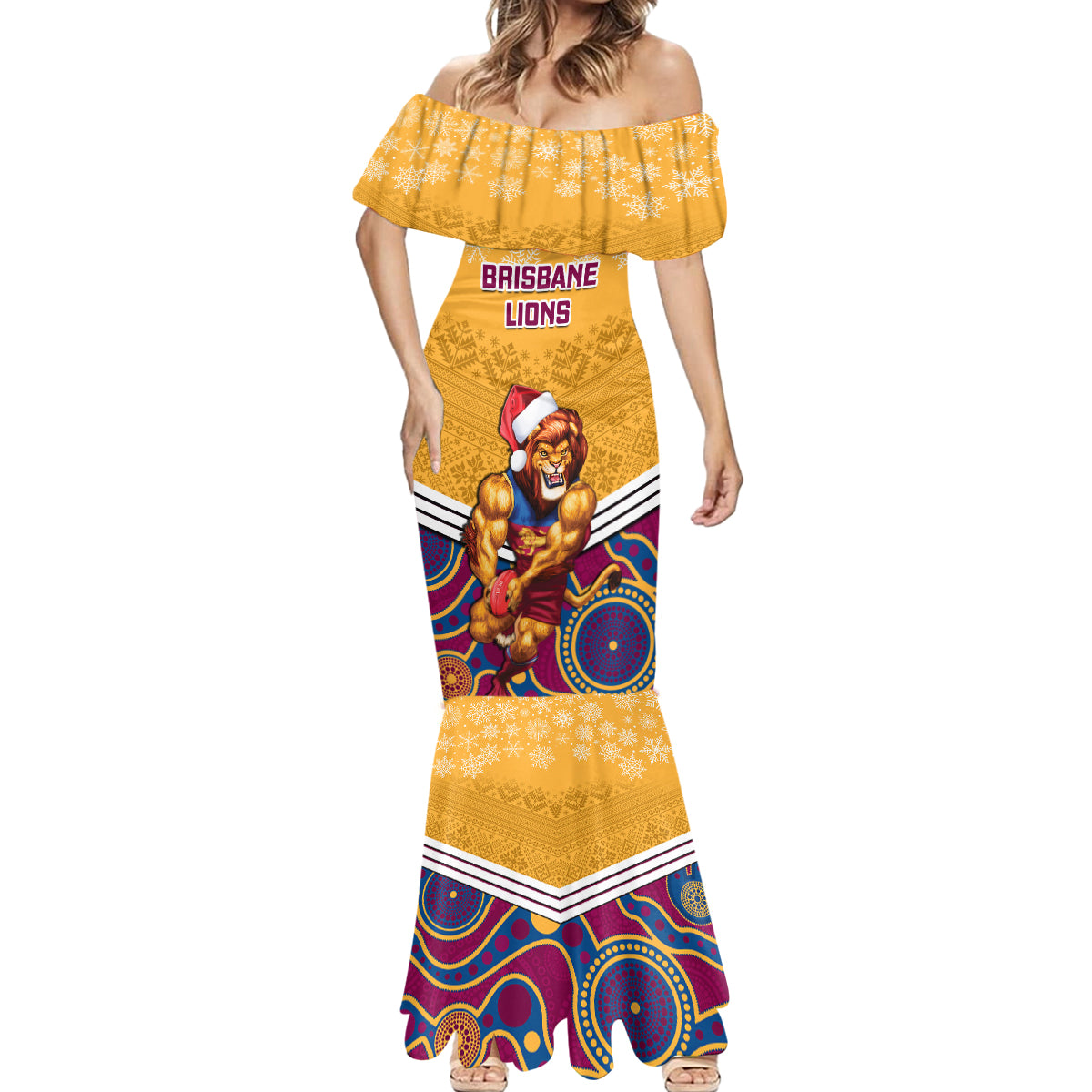 custom-brisbane-lions-football-christmas-mermaid-dress-merry-xmas-2023-mix-aboriginal-art