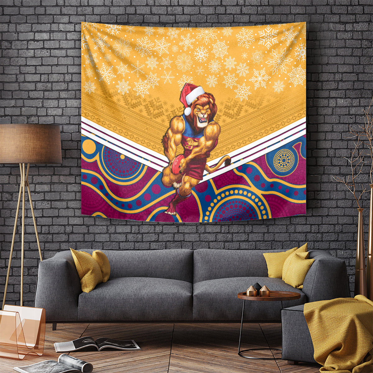 Custom Brisbane Lions Football Christmas Tapestry Merry Xmas 2023 Mix Aboriginal Art - Vibe Hoodie Shop