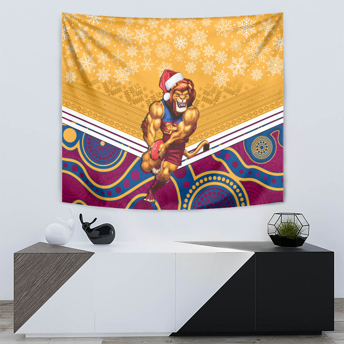 Custom Brisbane Lions Football Christmas Tapestry Merry Xmas 2023 Mix Aboriginal Art - Vibe Hoodie Shop