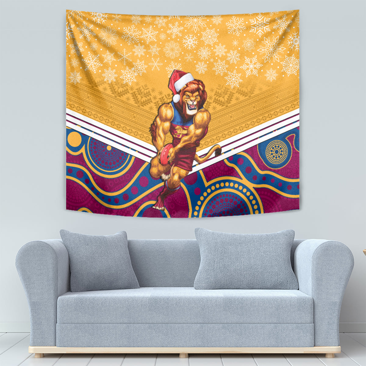 Custom Brisbane Lions Football Christmas Tapestry Merry Xmas 2023 Mix Aboriginal Art - Vibe Hoodie Shop