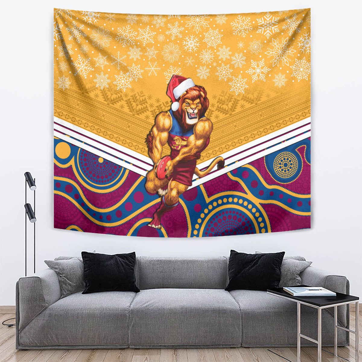 Custom Brisbane Lions Football Christmas Tapestry Merry Xmas 2023 Mix Aboriginal Art - Vibe Hoodie Shop