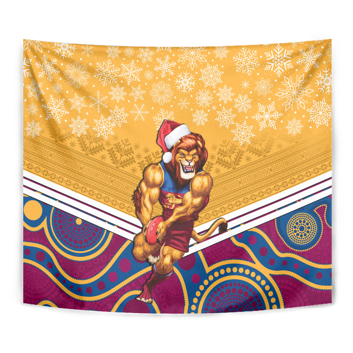 Custom Brisbane Lions Football Christmas Tapestry Merry Xmas 2023 Mix Aboriginal Art - Vibe Hoodie Shop