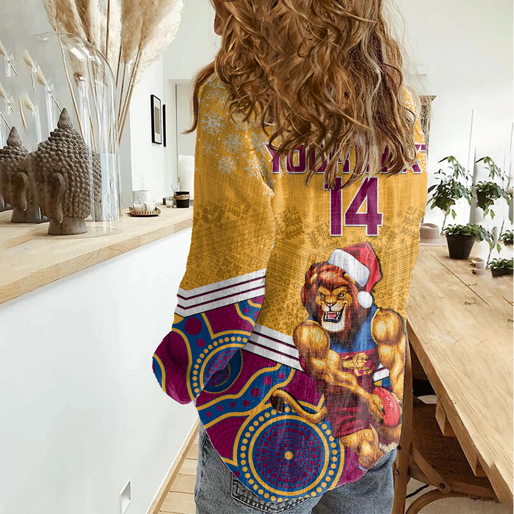 Custom Brisbane Lions Football Christmas Women Casual Shirt Merry Xmas 2023 Mix Aboriginal Art - Vibe Hoodie Shop