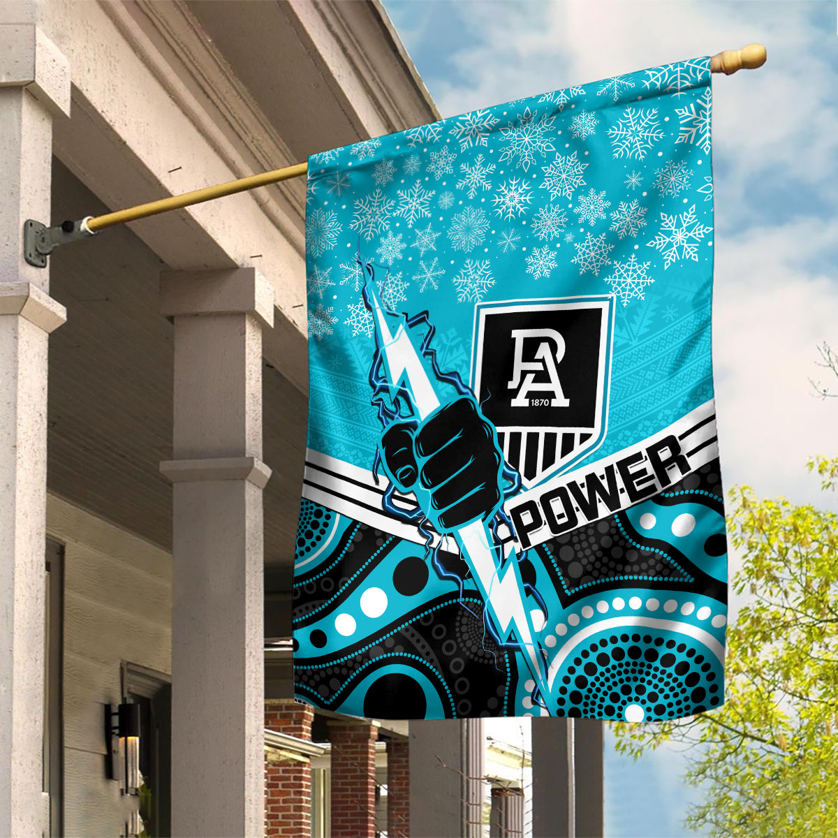 Port Adelaide Football Christmas Garden Flag Merry Xmas 2023 Mix Aboriginal Art - Vibe Hoodie Shop