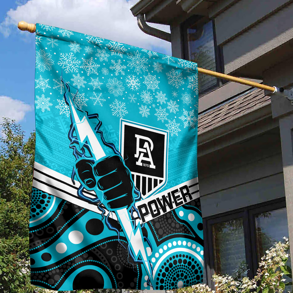 Port Adelaide Football Christmas Garden Flag Merry Xmas 2023 Mix Aboriginal Art - Vibe Hoodie Shop