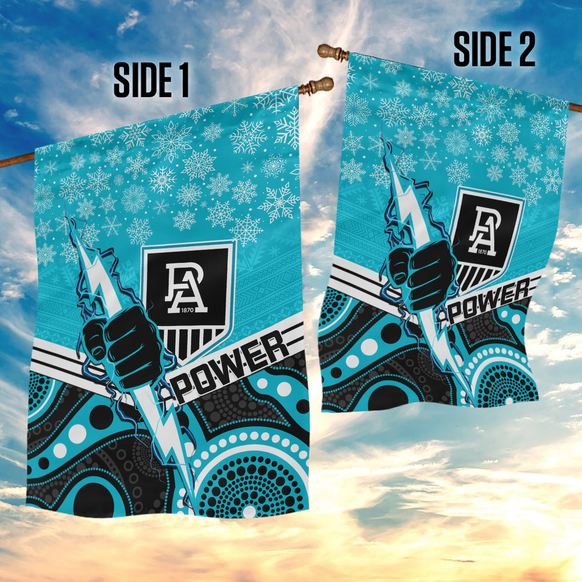 Port Adelaide Football Christmas Garden Flag Merry Xmas 2023 Mix Aboriginal Art - Vibe Hoodie Shop