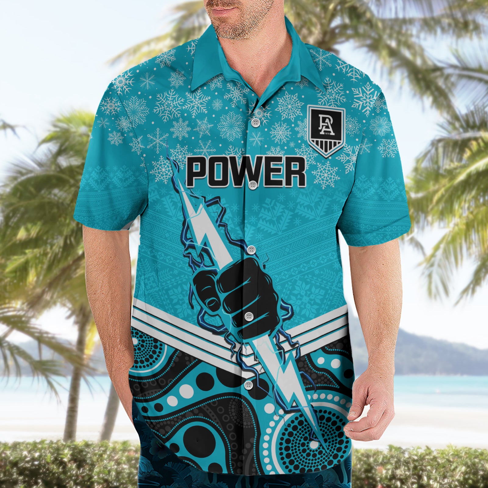 Custom Port Adelaide Football Christmas Hawaiian Shirt Merry Xmas 2023 Mix Aboriginal Art - Vibe Hoodie Shop