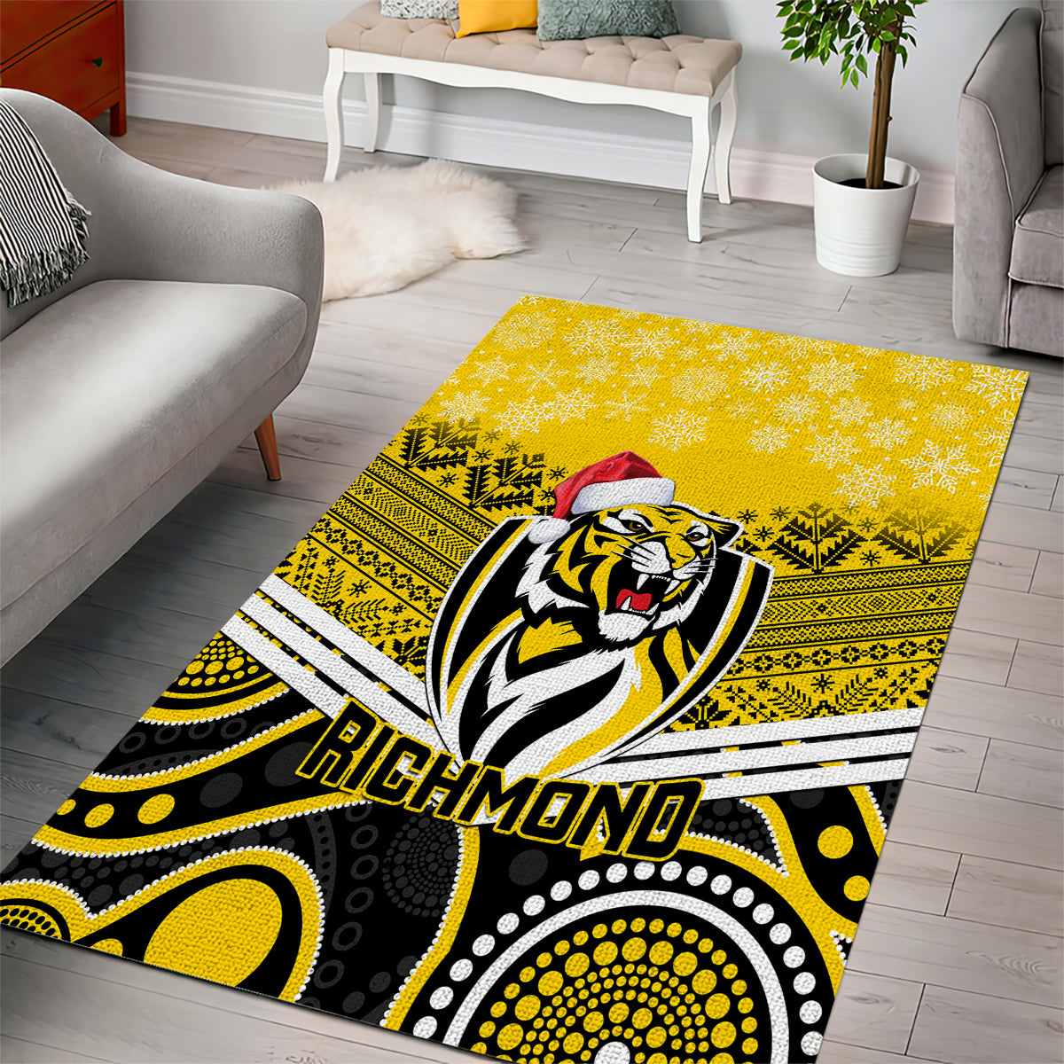 Richmond Football Christmas Area Rug Merry Xmas 2023 Mix Aboriginal Art - Vibe Hoodie Shop