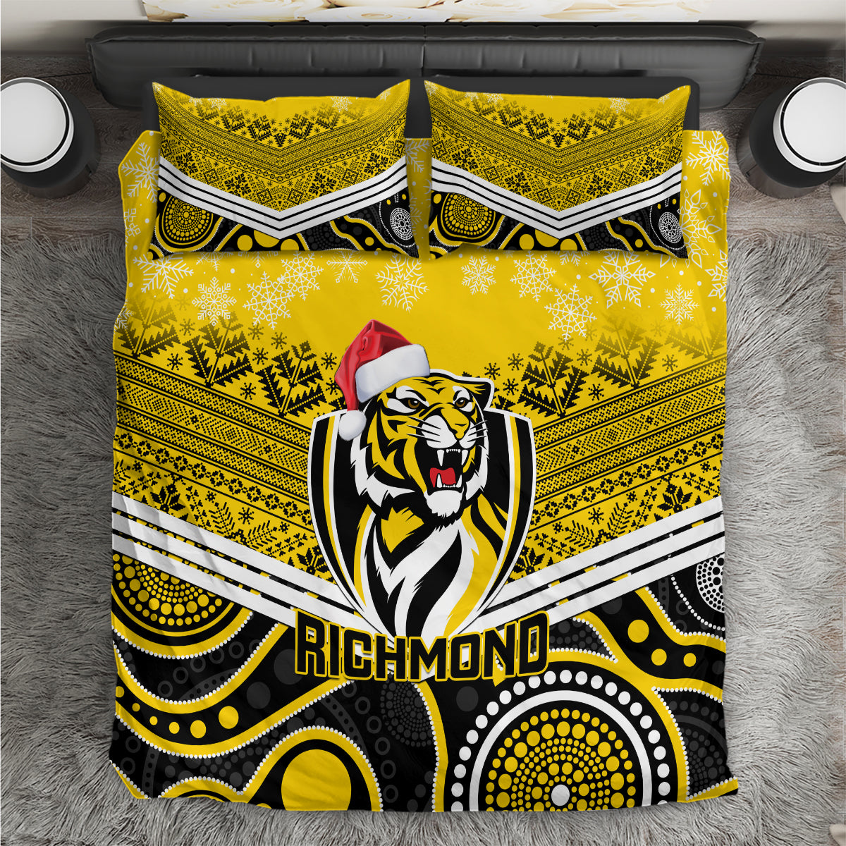 Richmond Football Christmas Bedding Set Merry Xmas 2023 Mix Aboriginal Art - Vibe Hoodie Shop
