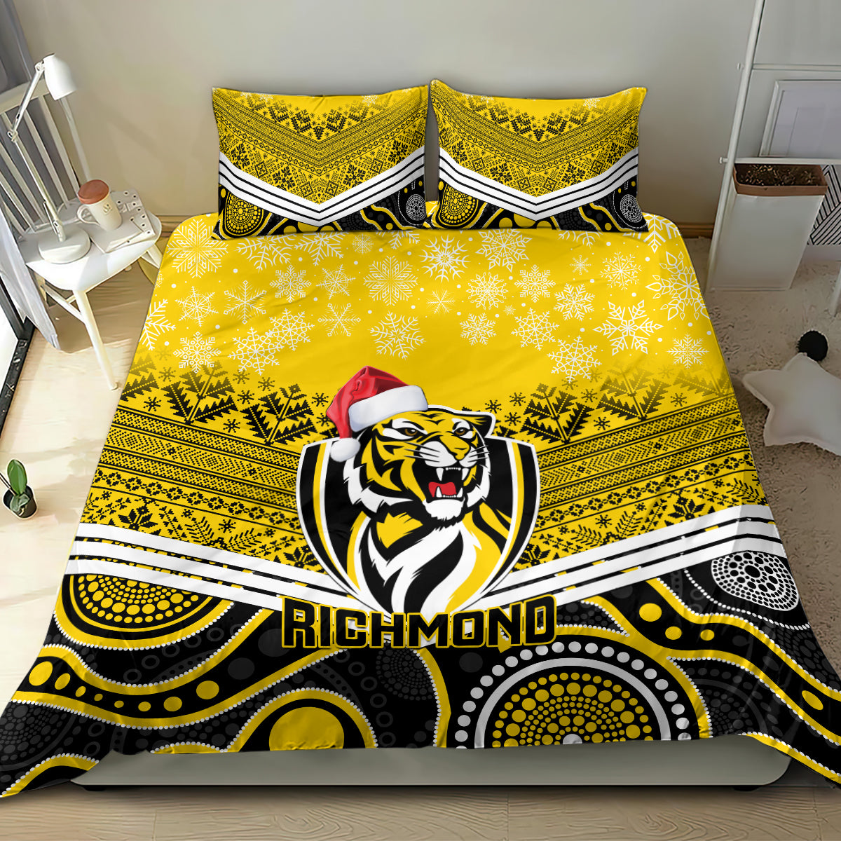 Richmond Football Christmas Bedding Set Merry Xmas 2023 Mix Aboriginal Art - Vibe Hoodie Shop