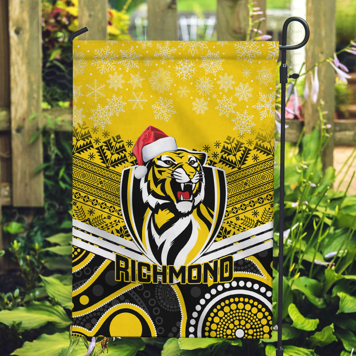 Richmond Football Christmas Garden Flag Merry Xmas 2023 Mix Aboriginal Art - Vibe Hoodie Shop