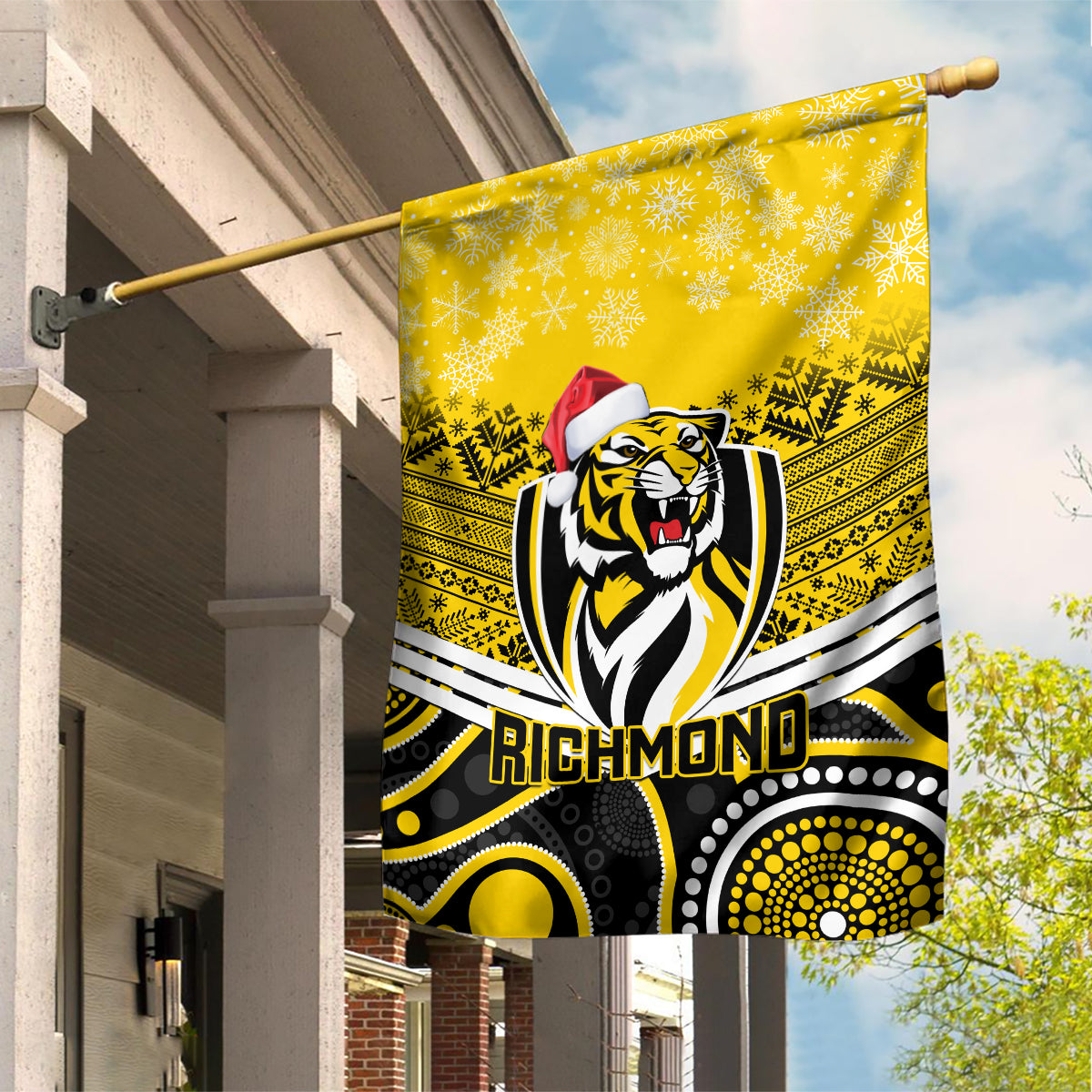 Richmond Football Christmas Garden Flag Merry Xmas 2023 Mix Aboriginal Art - Vibe Hoodie Shop