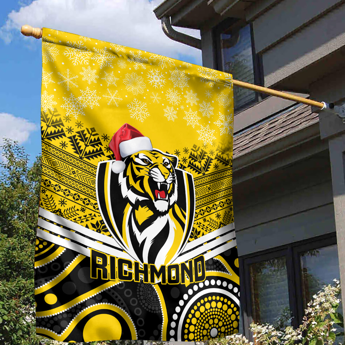 Richmond Football Christmas Garden Flag Merry Xmas 2023 Mix Aboriginal Art - Vibe Hoodie Shop