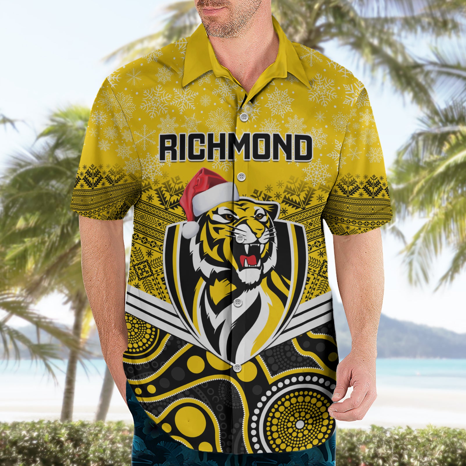 Custom Richmond Football Christmas Hawaiian Shirt Merry Xmas 2023 Mix Aboriginal Art - Vibe Hoodie Shop