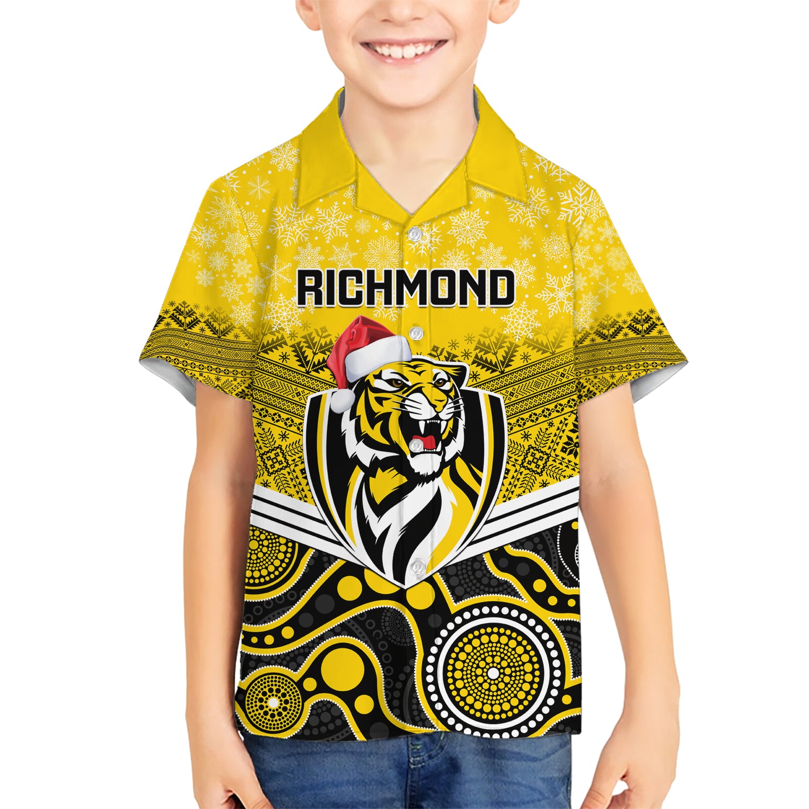 Custom Richmond Football Christmas Hawaiian Shirt Merry Xmas 2023 Mix Aboriginal Art - Vibe Hoodie Shop