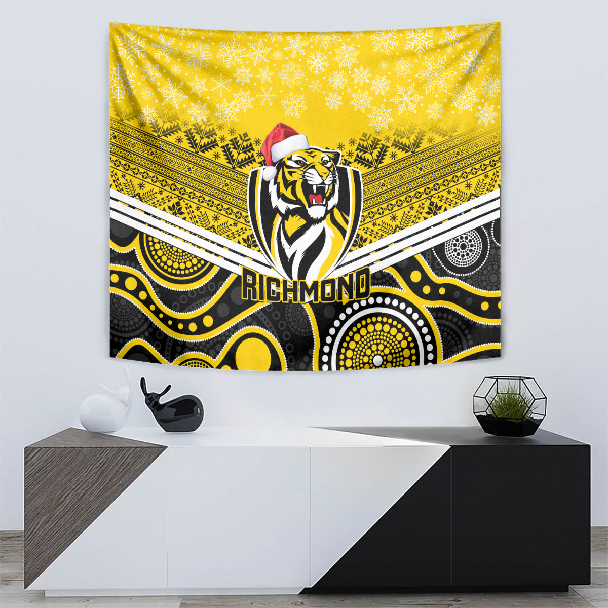 Richmond Football Christmas Tapestry Merry Xmas 2023 Mix Aboriginal Art - Vibe Hoodie Shop