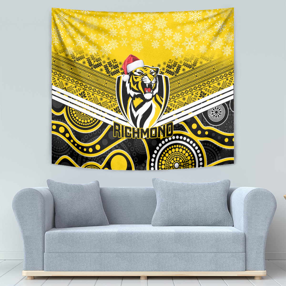 Richmond Football Christmas Tapestry Merry Xmas 2023 Mix Aboriginal Art - Vibe Hoodie Shop