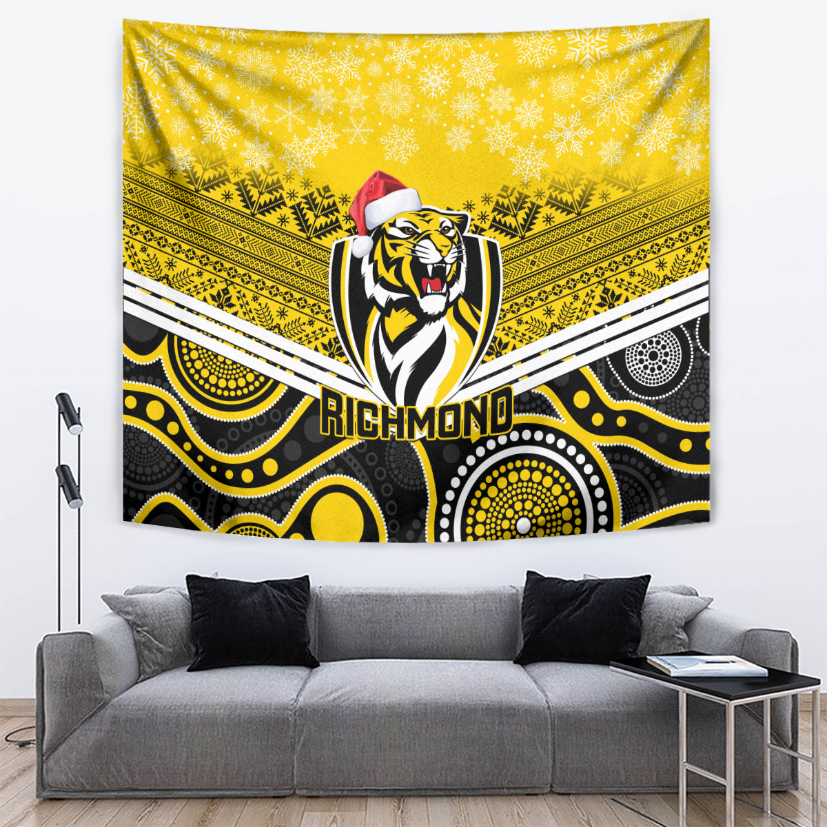 Richmond Football Christmas Tapestry Merry Xmas 2023 Mix Aboriginal Art - Vibe Hoodie Shop