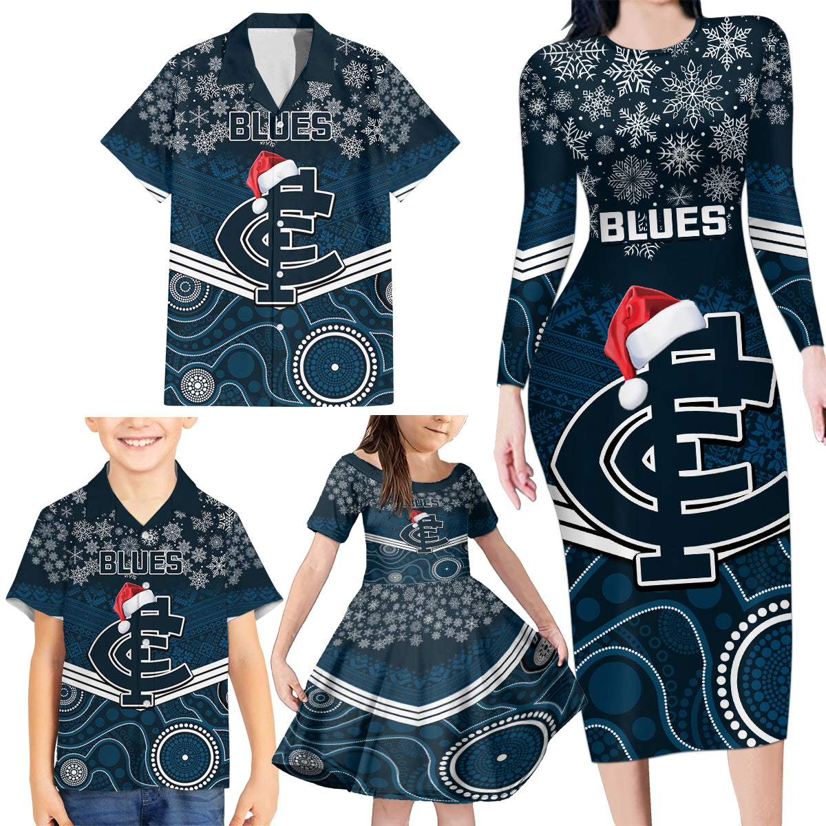 custom-blues-football-christmas-family-matching-long-sleeve-bodycon-dress-and-hawaiian-shirt-merry-xmas-2023-mix-aboriginal-art