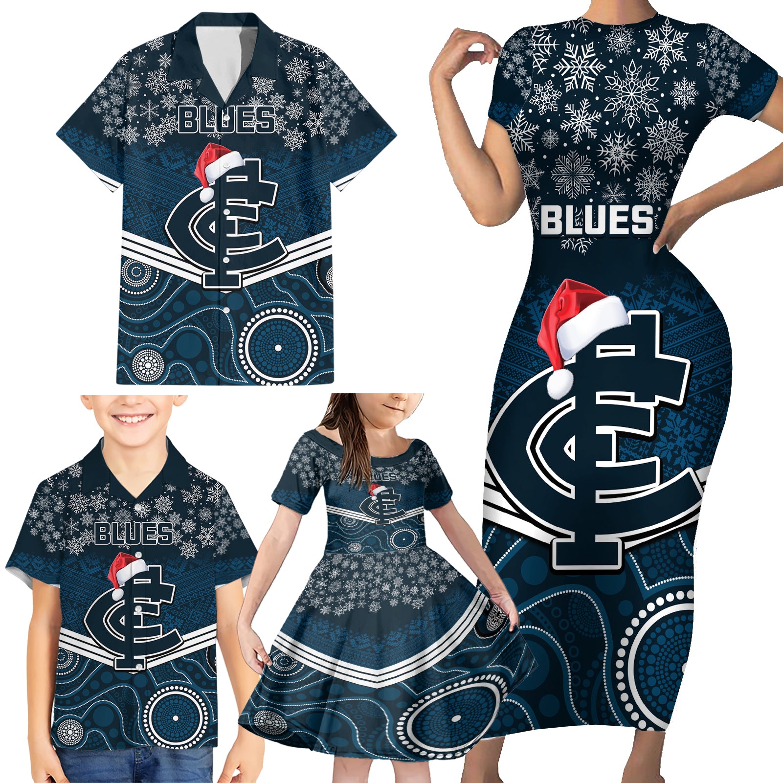 custom-blues-football-christmas-family-matching-short-sleeve-bodycon-dress-and-hawaiian-shirt-merry-xmas-2023-mix-aboriginal-art