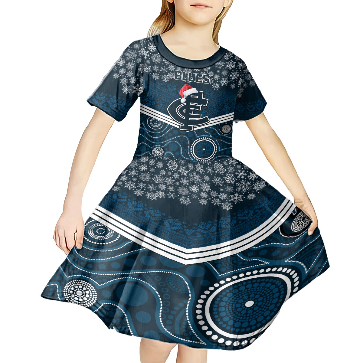 Custom Blues Football Christmas Kid Short Sleeve Dress Merry Xmas 2023 Mix Aboriginal Art - Vibe Hoodie Shop