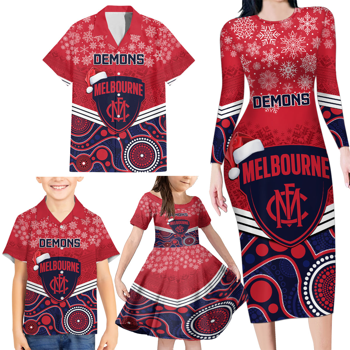 custom-melbourne-football-christmas-family-matching-long-sleeve-bodycon-dress-and-hawaiian-shirt-merry-xmas-2023-mix-aboriginal-art