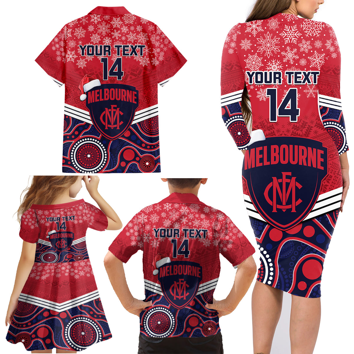 custom-melbourne-football-christmas-family-matching-long-sleeve-bodycon-dress-and-hawaiian-shirt-merry-xmas-2023-mix-aboriginal-art