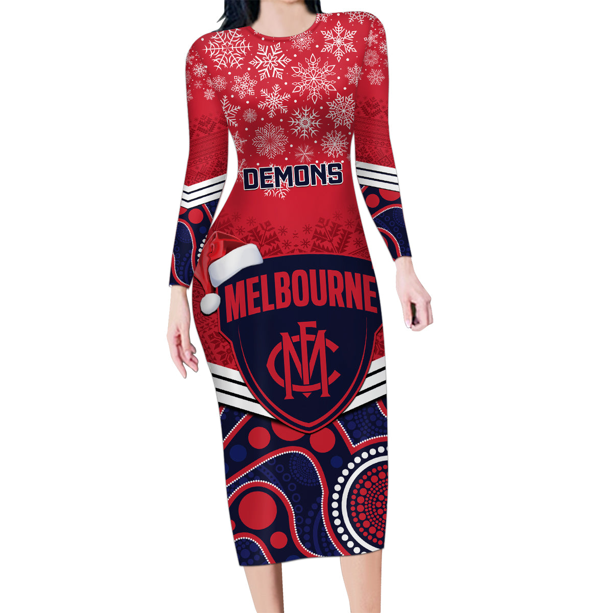 custom-melbourne-football-christmas-family-matching-long-sleeve-bodycon-dress-and-hawaiian-shirt-merry-xmas-2023-mix-aboriginal-art