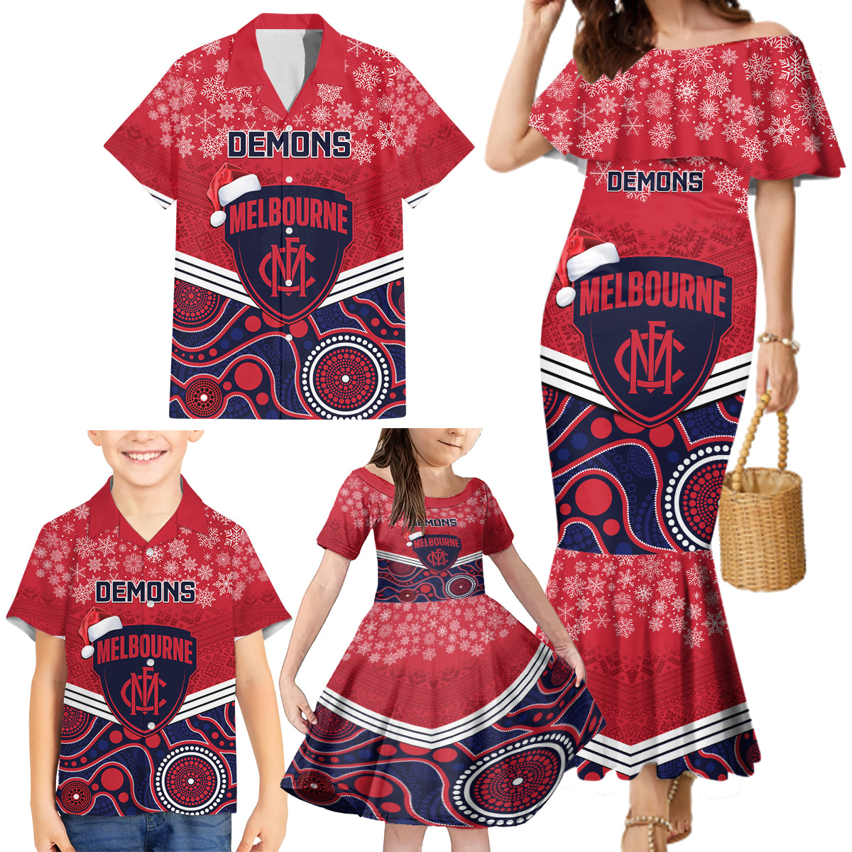 custom-melbourne-football-christmas-family-matching-mermaid-dress-and-hawaiian-shirt-merry-xmas-2023-mix-aboriginal-art