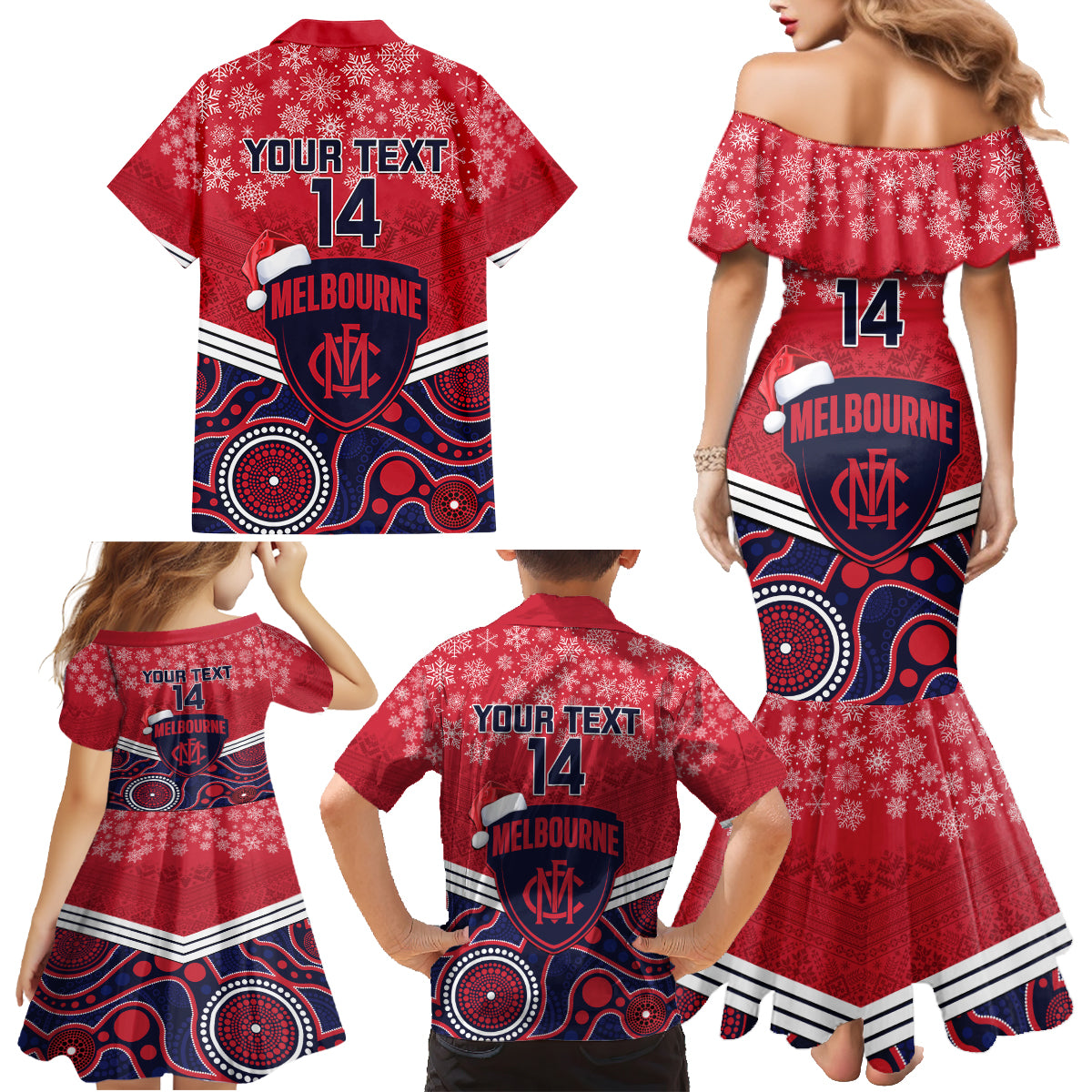 custom-melbourne-football-christmas-family-matching-mermaid-dress-and-hawaiian-shirt-merry-xmas-2023-mix-aboriginal-art