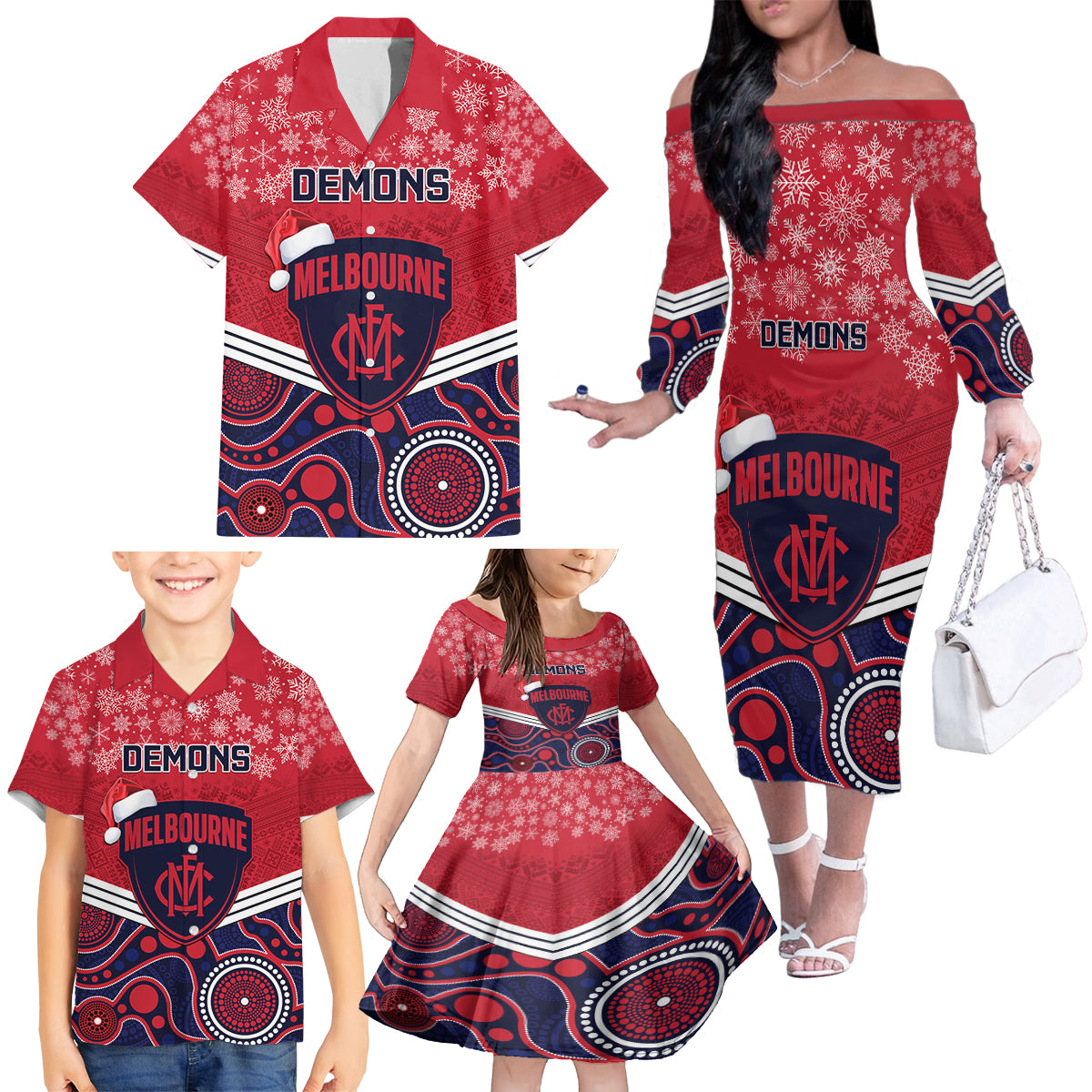 custom-melbourne-football-christmas-family-matching-off-shoulder-long-sleeve-dress-and-hawaiian-shirt-merry-xmas-2023-mix-aboriginal-art