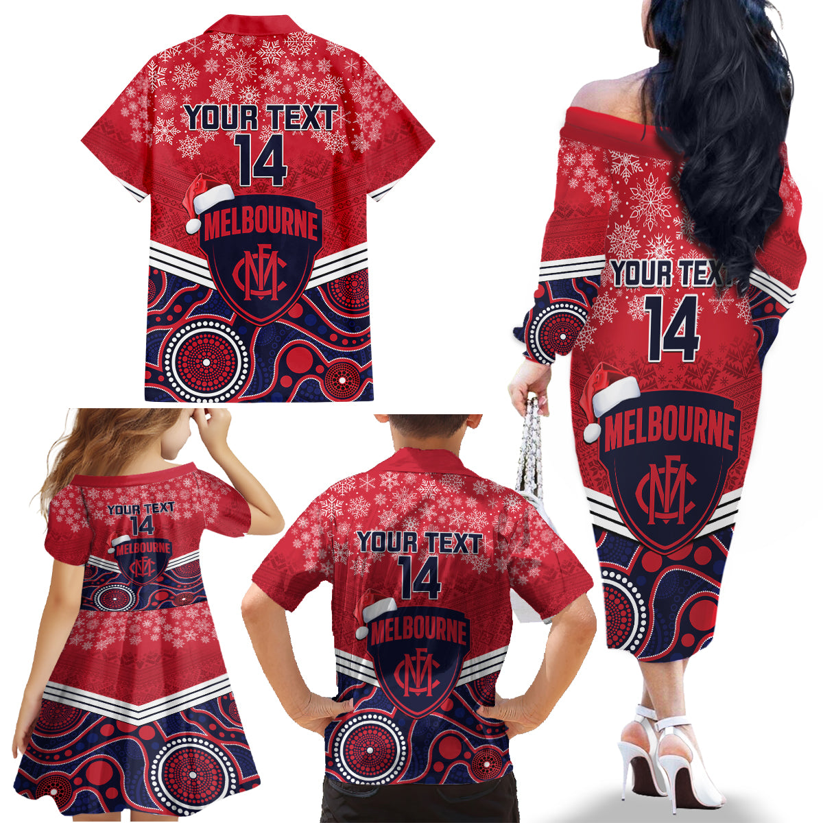 custom-melbourne-football-christmas-family-matching-off-shoulder-long-sleeve-dress-and-hawaiian-shirt-merry-xmas-2023-mix-aboriginal-art