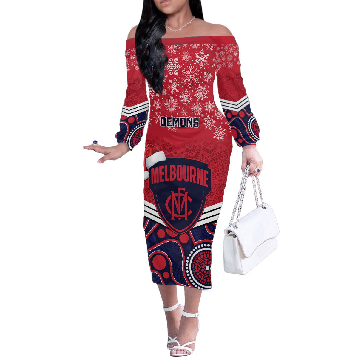 custom-melbourne-football-christmas-family-matching-off-shoulder-long-sleeve-dress-and-hawaiian-shirt-merry-xmas-2023-mix-aboriginal-art