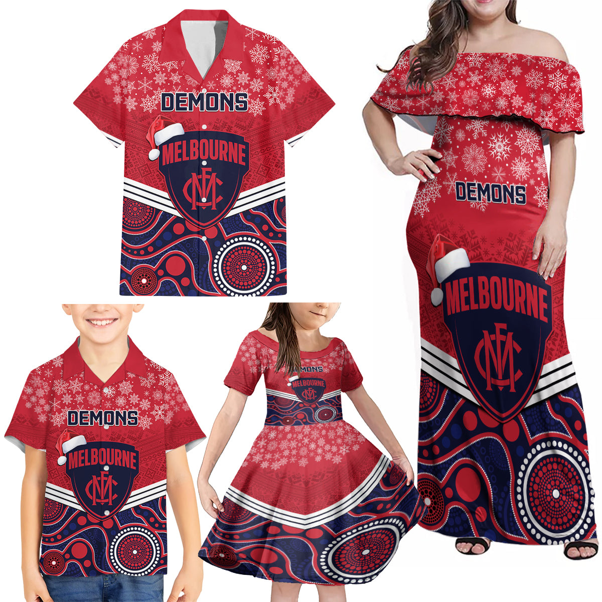 custom-melbourne-football-christmas-family-matching-off-shoulder-maxi-dress-and-hawaiian-shirt-merry-xmas-2023-mix-aboriginal-art