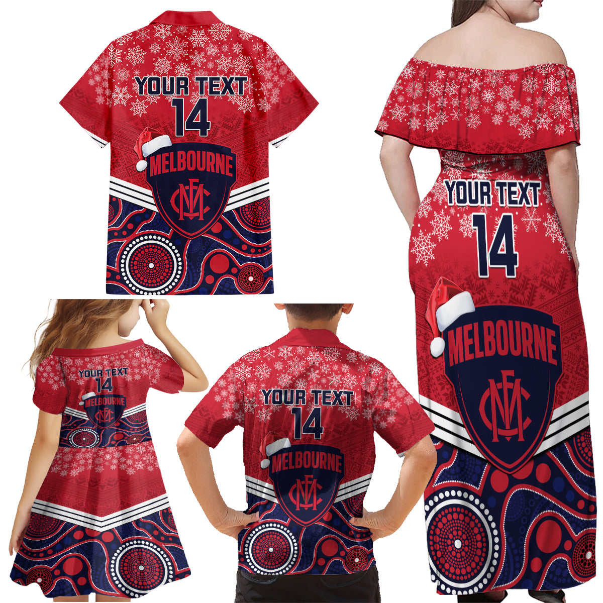 custom-melbourne-football-christmas-family-matching-off-shoulder-maxi-dress-and-hawaiian-shirt-merry-xmas-2023-mix-aboriginal-art