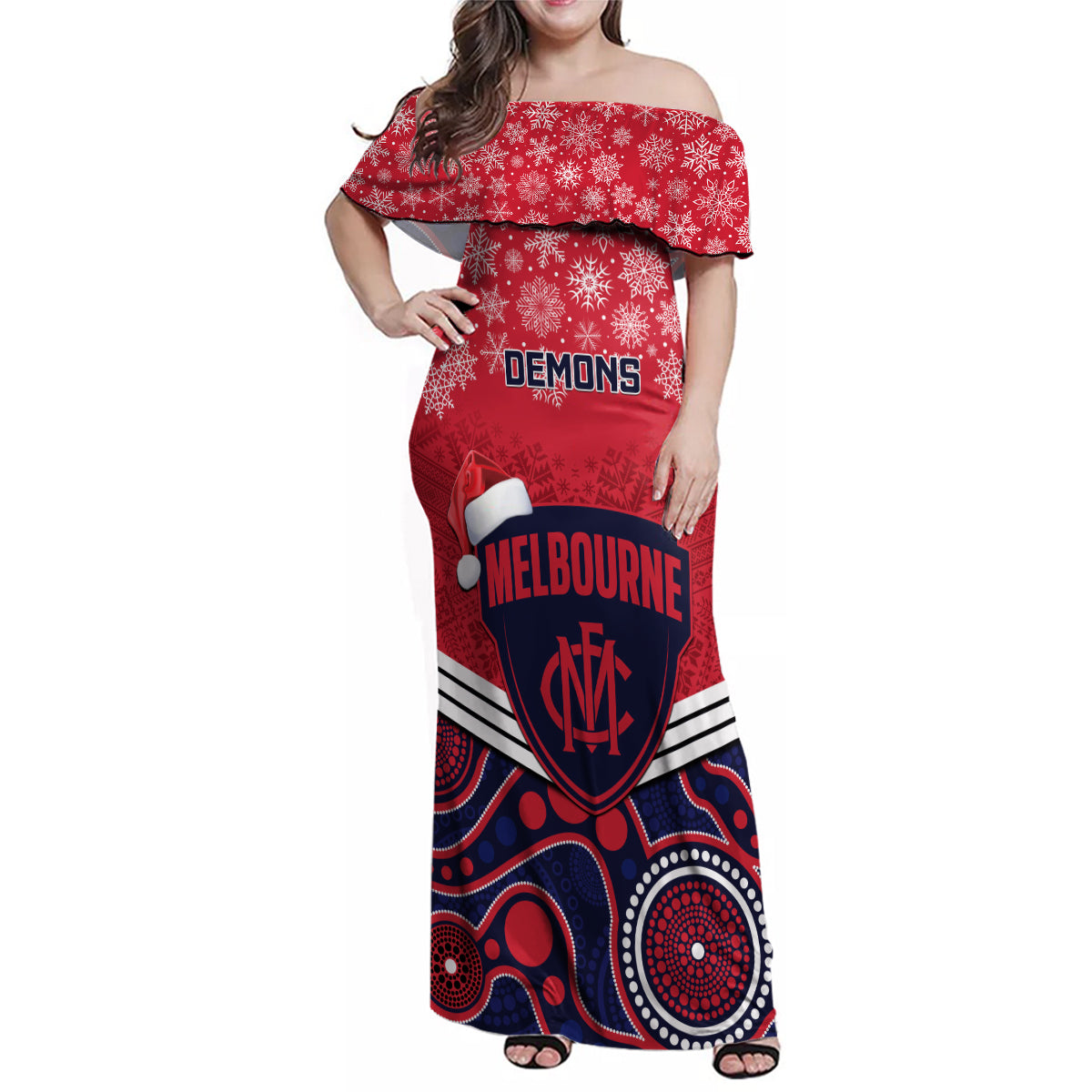 custom-melbourne-football-christmas-family-matching-off-shoulder-maxi-dress-and-hawaiian-shirt-merry-xmas-2023-mix-aboriginal-art