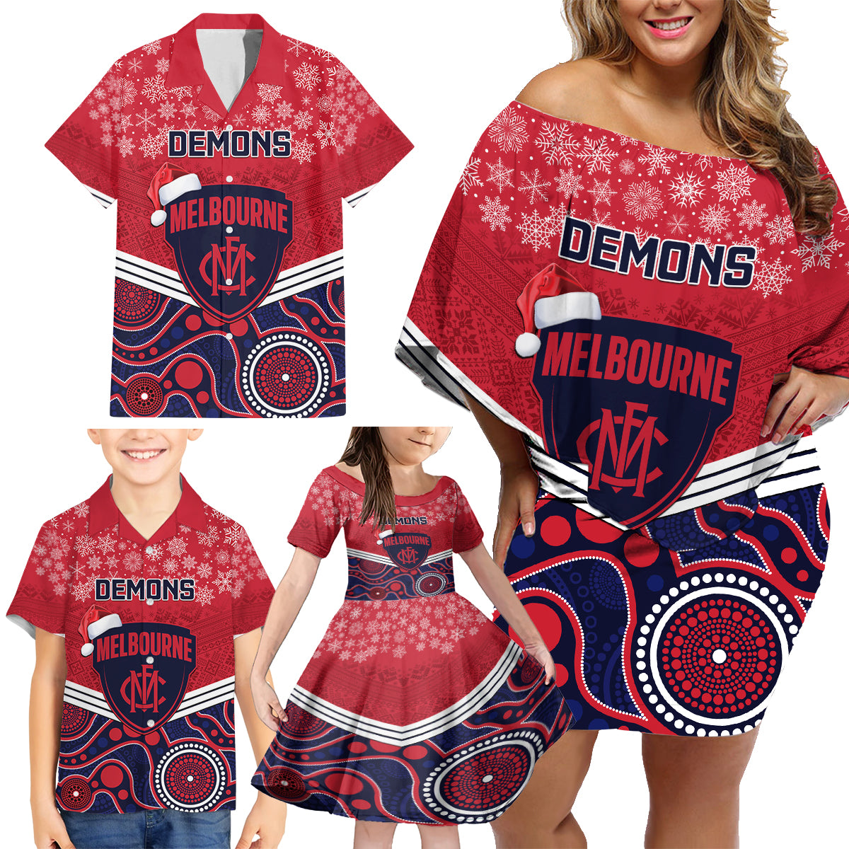 custom-melbourne-football-christmas-family-matching-off-shoulder-short-dress-and-hawaiian-shirt-merry-xmas-2023-mix-aboriginal-art