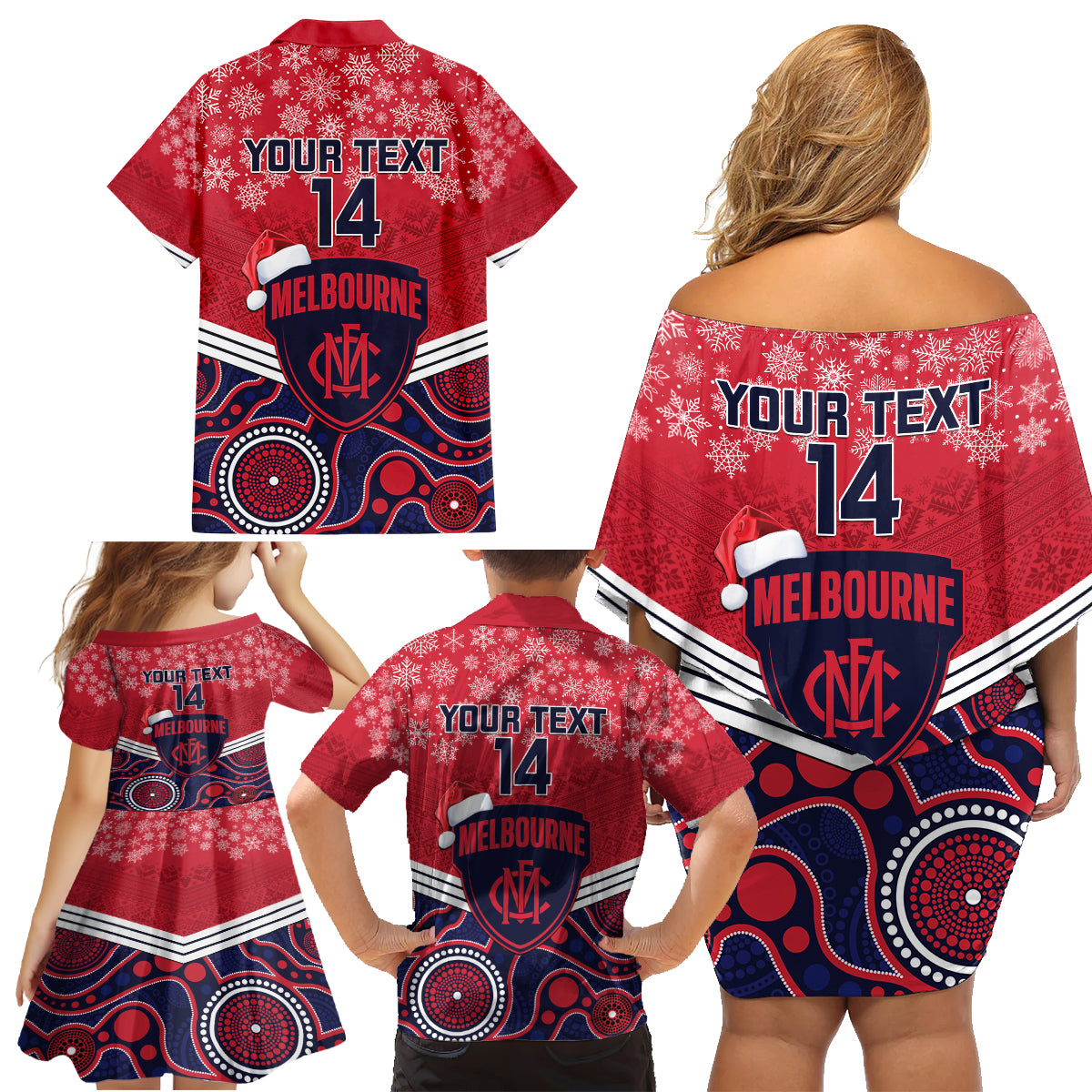 custom-melbourne-football-christmas-family-matching-off-shoulder-short-dress-and-hawaiian-shirt-merry-xmas-2023-mix-aboriginal-art