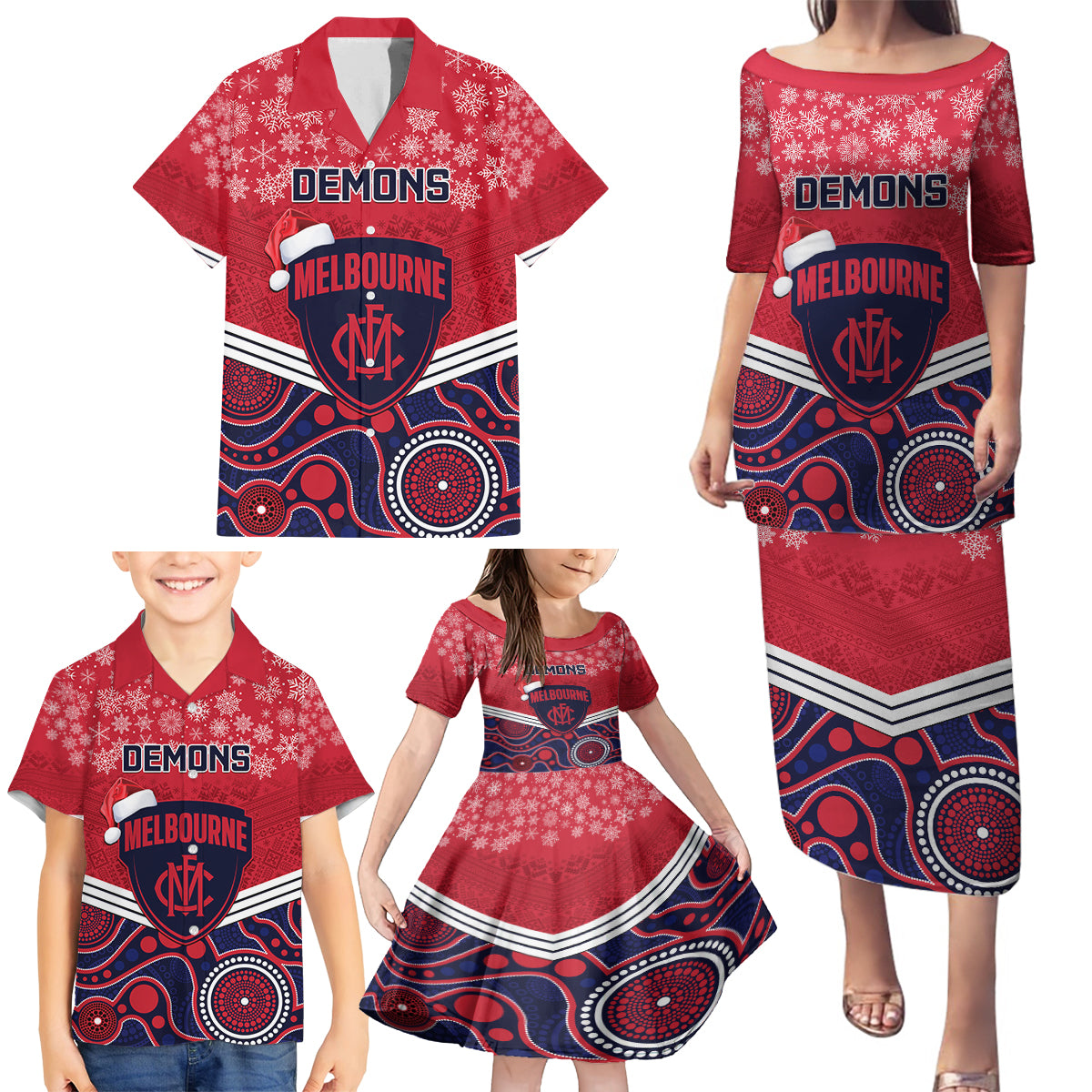 custom-melbourne-football-christmas-family-matching-puletasi-dress-and-hawaiian-shirt-merry-xmas-2023-mix-aboriginal-art