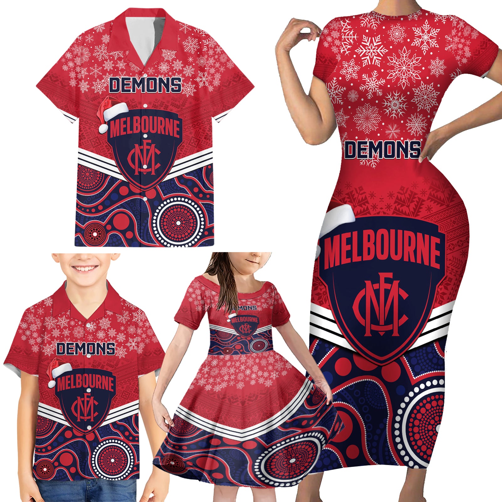 custom-melbourne-football-christmas-family-matching-short-sleeve-bodycon-dress-and-hawaiian-shirt-merry-xmas-2023-mix-aboriginal-art