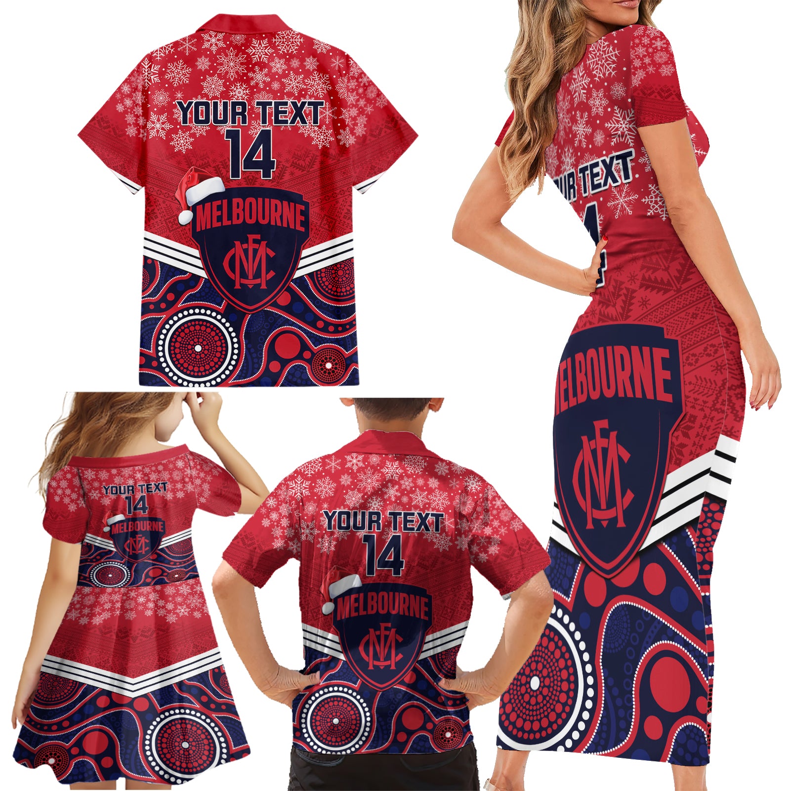 custom-melbourne-football-christmas-family-matching-short-sleeve-bodycon-dress-and-hawaiian-shirt-merry-xmas-2023-mix-aboriginal-art