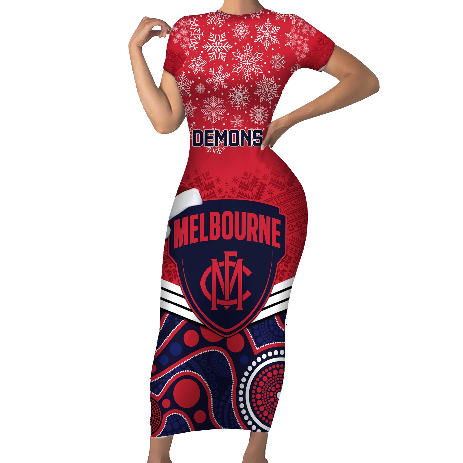 custom-melbourne-football-christmas-family-matching-short-sleeve-bodycon-dress-and-hawaiian-shirt-merry-xmas-2023-mix-aboriginal-art