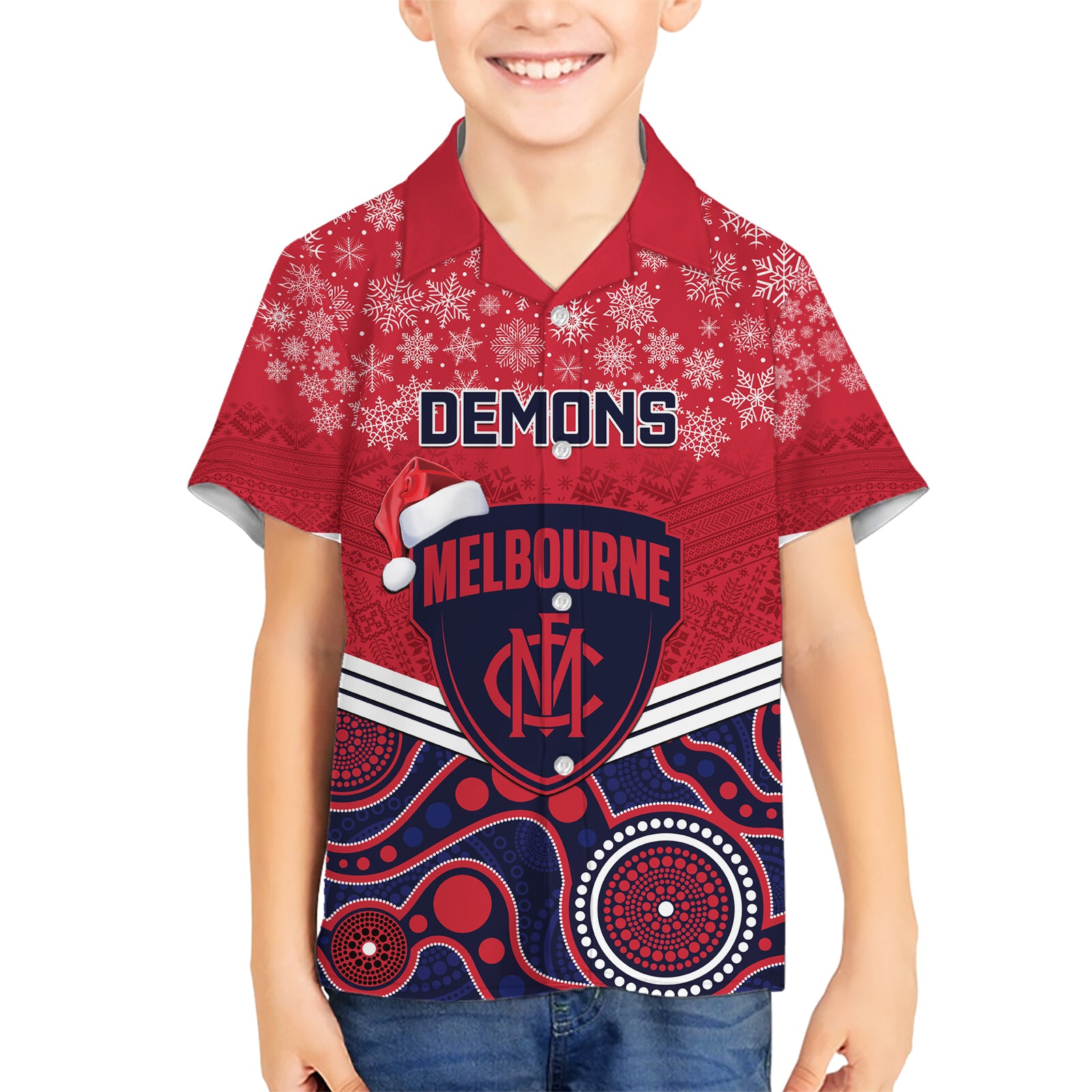 custom-melbourne-football-christmas-family-matching-short-sleeve-bodycon-dress-and-hawaiian-shirt-merry-xmas-2023-mix-aboriginal-art