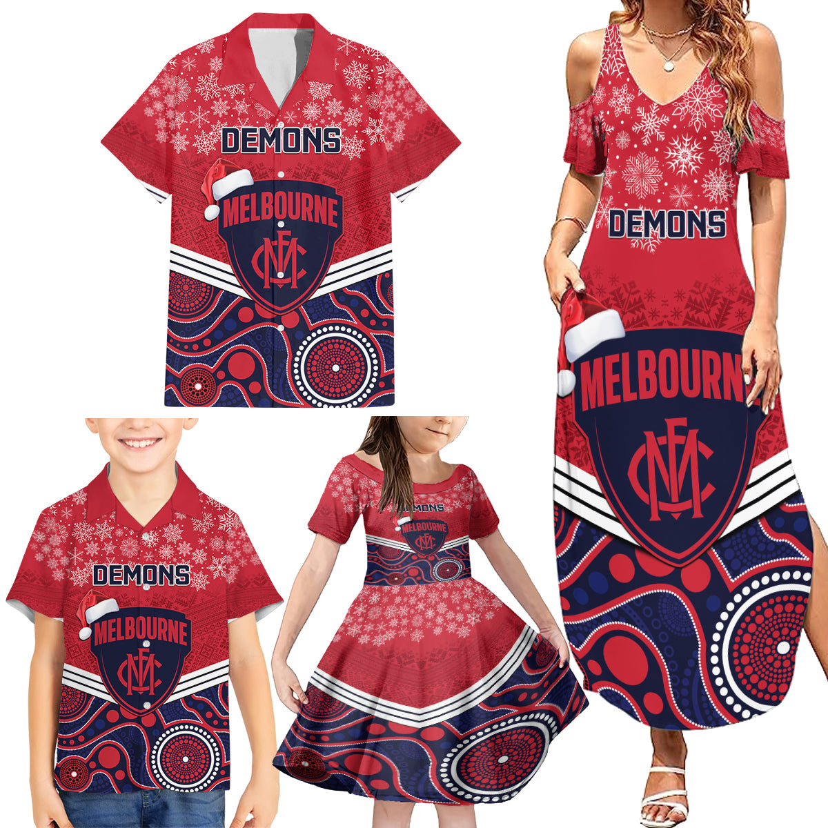 custom-melbourne-football-christmas-family-matching-summer-maxi-dress-and-hawaiian-shirt-merry-xmas-2023-mix-aboriginal-art