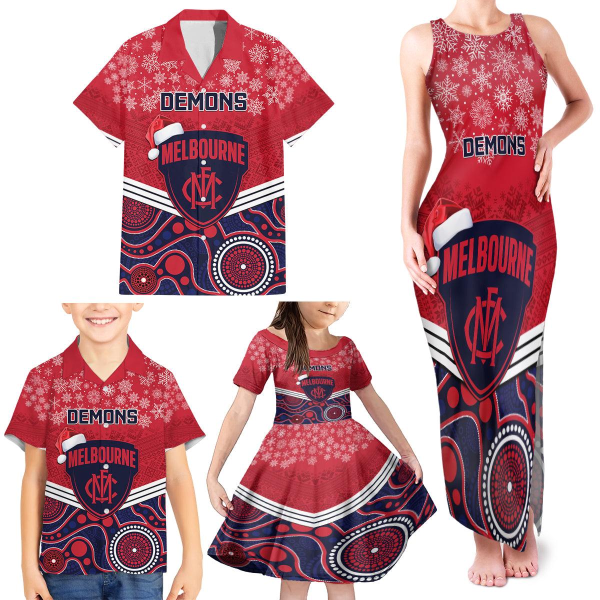 custom-melbourne-football-christmas-family-matching-tank-maxi-dress-and-hawaiian-shirt-merry-xmas-2023-mix-aboriginal-art