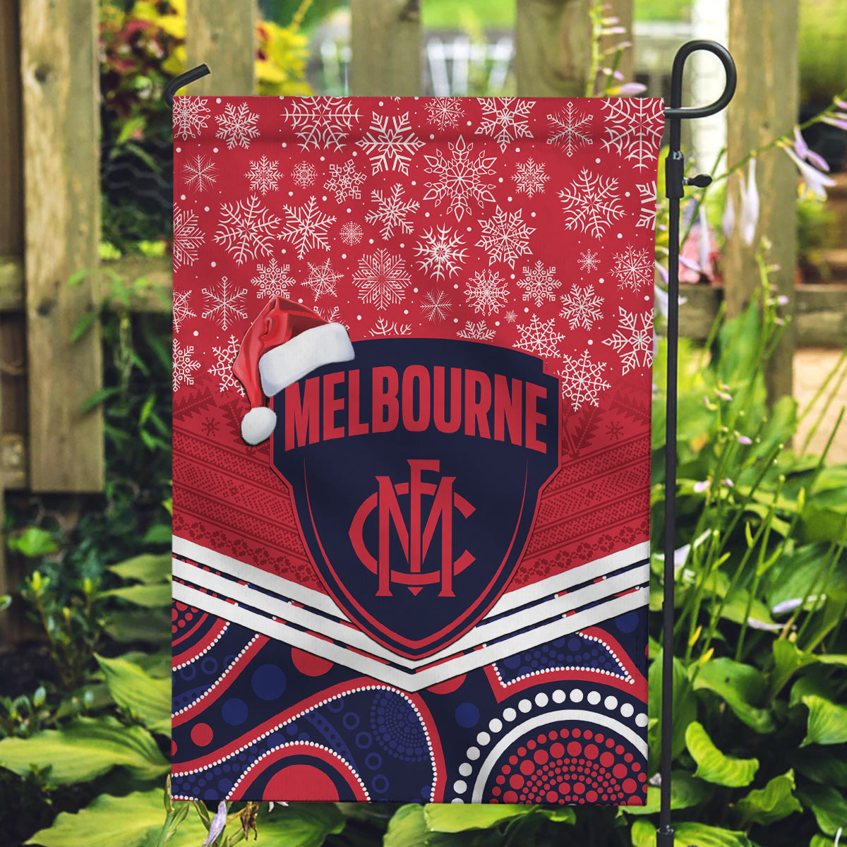 Custom Melbourne Football Christmas Garden Flag Merry Xmas 2023 Mix Aboriginal Art - Vibe Hoodie Shop