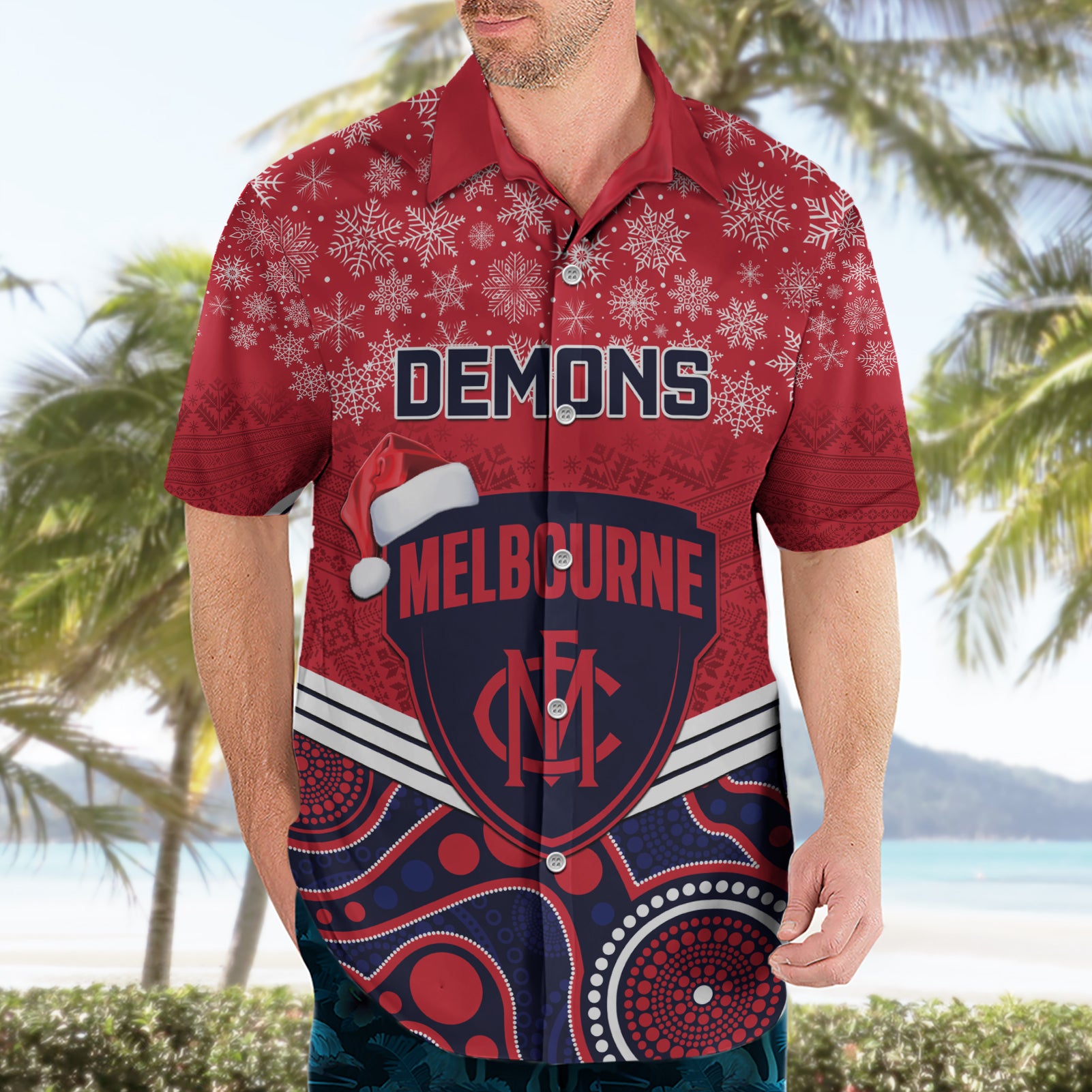 Custom Melbourne Football Christmas Hawaiian Shirt Merry Xmas 2023 Mix Aboriginal Art - Vibe Hoodie Shop